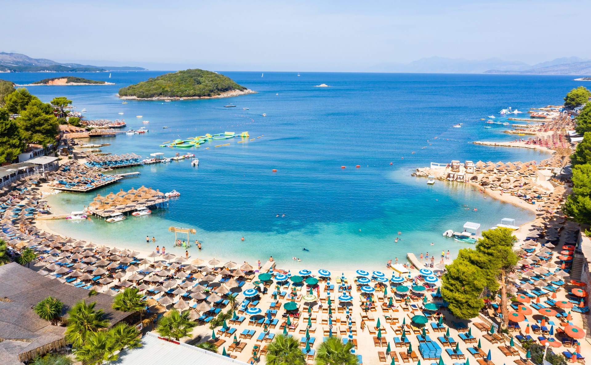 Beautiful beaches of Ksamil with its four islands in the distance